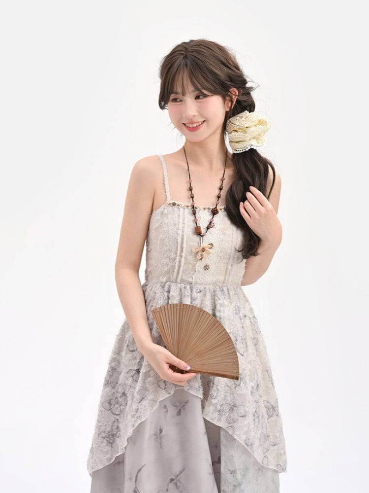 Kei Cheongsam Hem Asymmetrical Tassel Mori Slip Dress Jacquard Style Gray