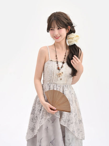 Slip Dress Hem Mori Cheongsam Kei Style Gray Asymmetrical Tassel Jacquard