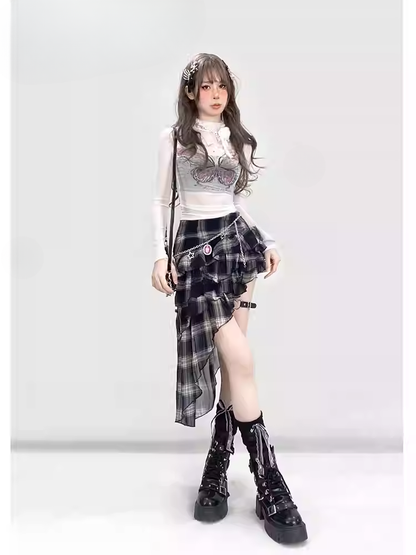 Vintage Black and White Plaid Asymmetrical Hem Glamorous High Waist Tiered Skirt
