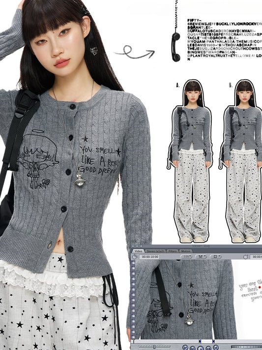 Grey Manga Girl Slim-fit Cardigan