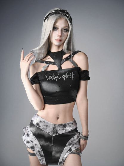 Fashion Asymmetrical Skort Y3K Futuristic Black and Silver Low-Waist Side Elastic Bands Cyberpunk