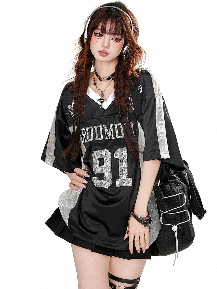 Grey/Black Lace Patchwork V-neck Sporty T-shirt