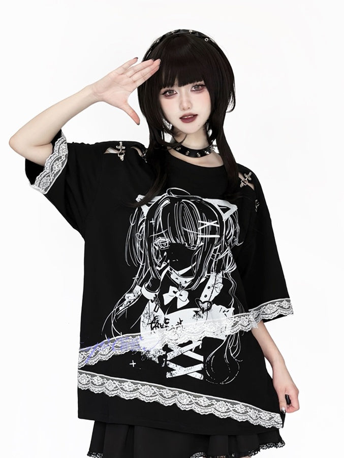and Fastener Shoulder Anime Girl Graphic T-Shirt Black Decorative Black White / with Lace Embellishment Purple
