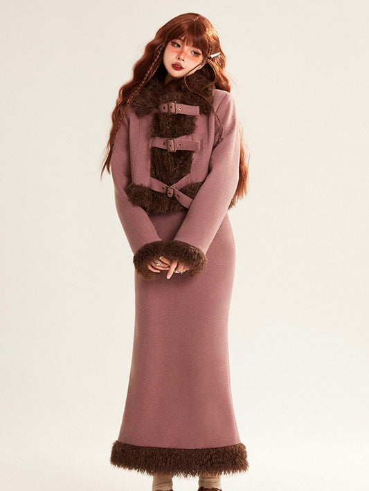 Crop Coat Set Faux with Zipped Pencil Trim Skirt Buckle Pink Straps Fur