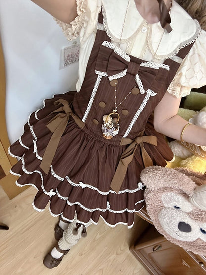 Accents Layered Sweet Bow with Ruffle Striped Overall Brown Dress Lolita