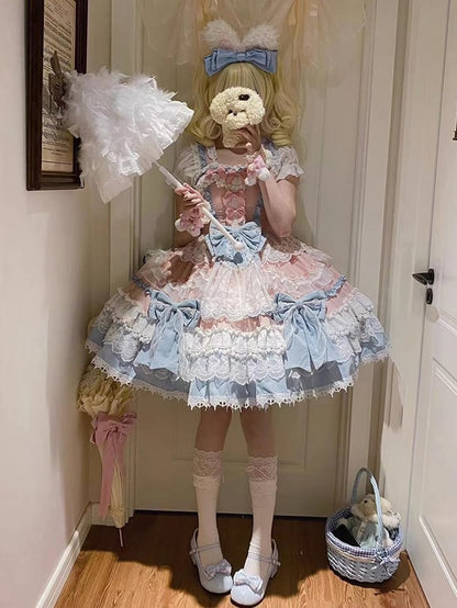Sweet Lolita Details Bead Pink Detachable Princess Bows Blue and Dress