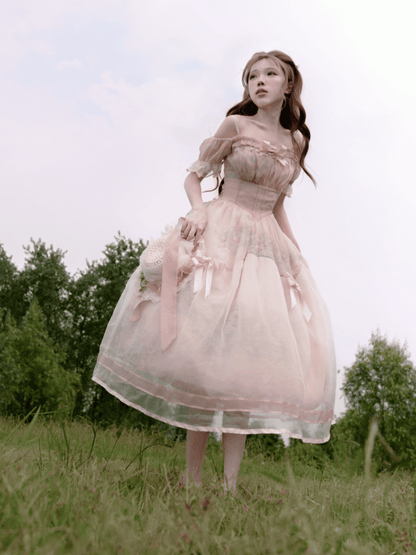 Painting Dress with Organza Overlay Oil Pink Water Lily Print Basque Waist Light