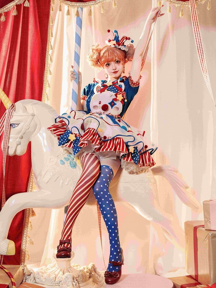 Lolita and Circus Pastel Clown Bodice Overalls Red Dress Blue Dark Clowncore Bunny Fleece Sweet