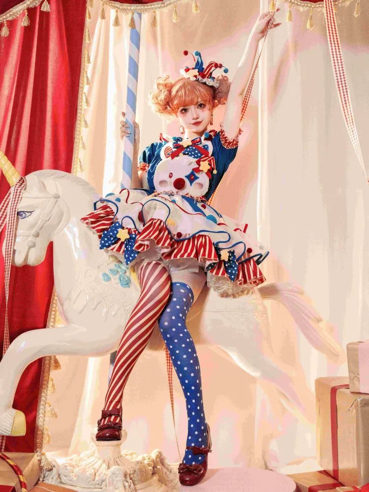 Clown Dark Bunny Dress Blue Clowncore Overalls Fleece Lolita Pastel Sweet Circus Red and Bodice