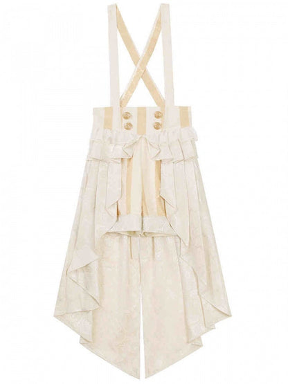 Champagne High Waist Striped Ouji Lolita Overall Shorts with Cascading Ruffle Train