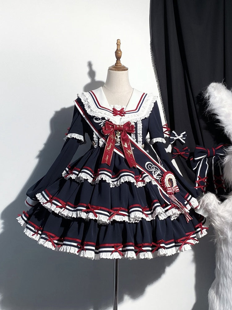 Lolita Dress Short Detachable Navy with Sleeves Blue Summer Sailor Collar