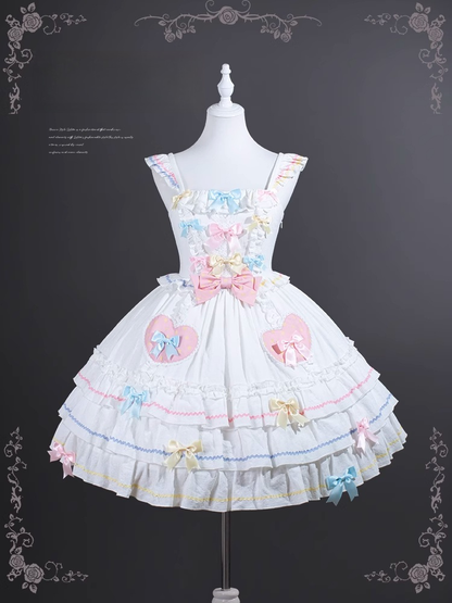 Macaron Color Bowknots White Skirt Flutter Sweet Lolita Dress Sleeves JSK Tiered