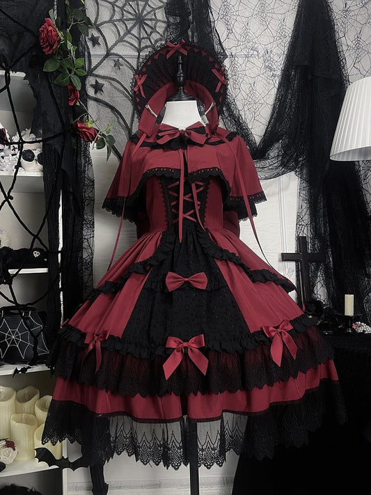 Red and Black Old School Lolita Fashion Dress Bowknot JSK Set