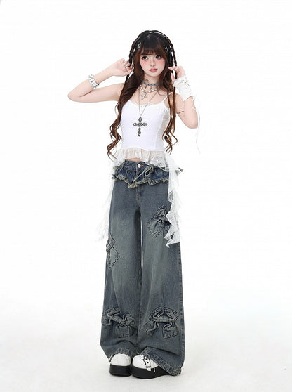 Blue Big Bows Raw Hem Wide-Leg Jeans