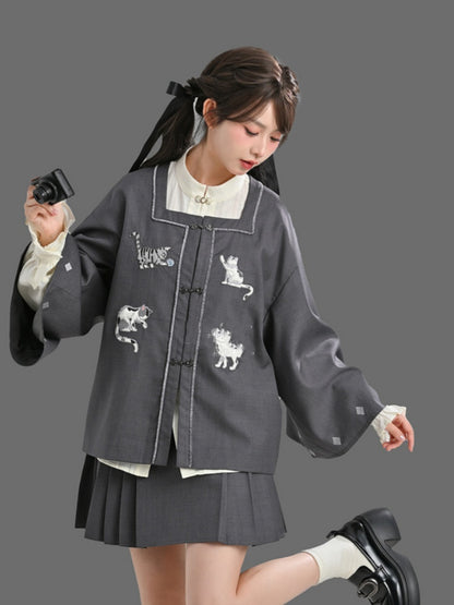 White Cheongsam Style Shirt with Self-tie Strap at Cuff