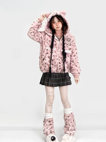 Pink Leopard Plush Cute Ears Winter Coat Leg Warmers