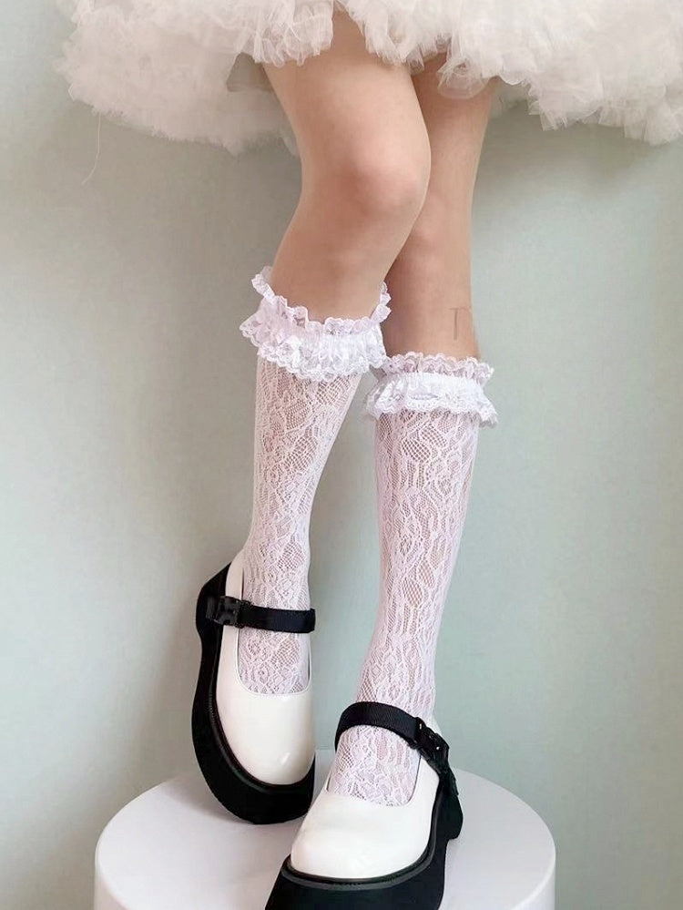Chaussettes Lolita à volants en dentelle blanches/jaunes/noires