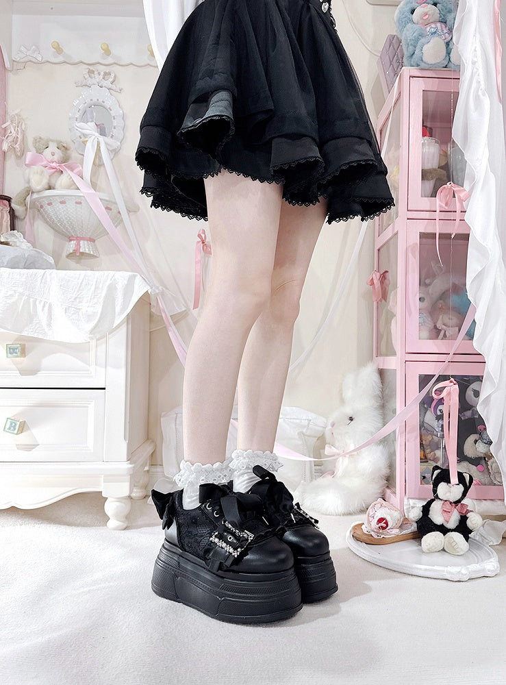 Jirai Accents Kei Shoes Black Bow Buckle Design Beaded Platforms