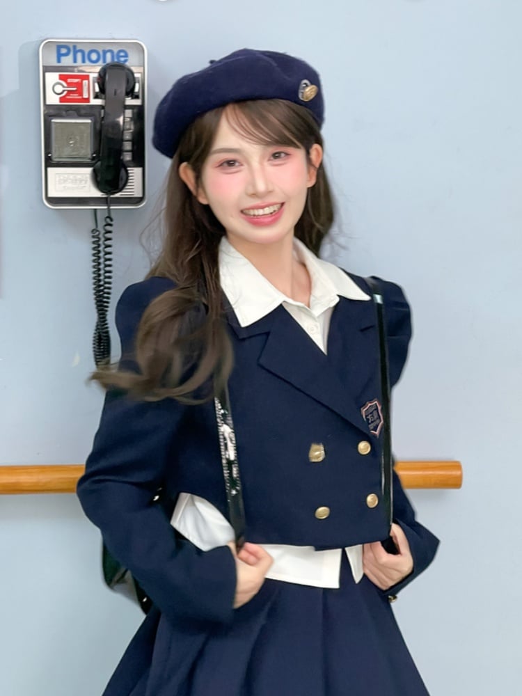 Navy Blue Notched Collar Gold-tone Buttons JK Cropped Blazer