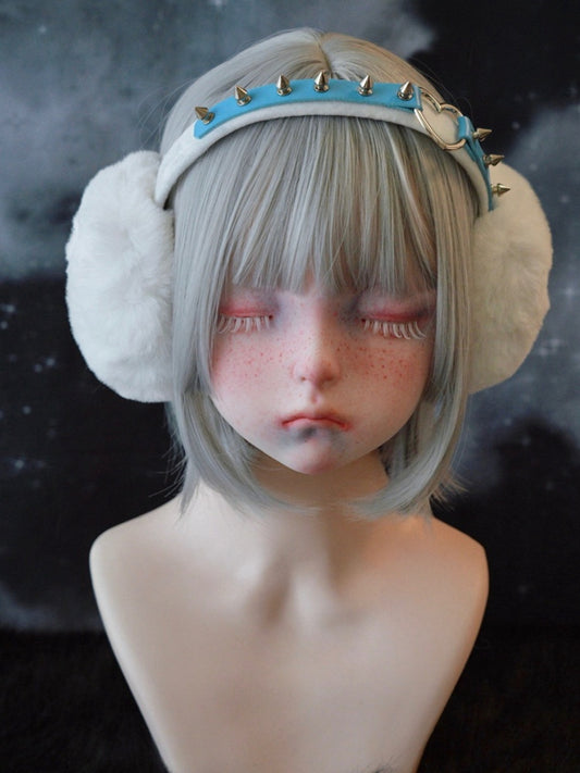 White Handmade Heart Ring Studded Plush Earmuffs