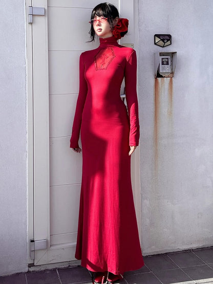 Gothic Red Coffin Cutout Cross Details High Neck Mermaid Skirt Maxi Dress