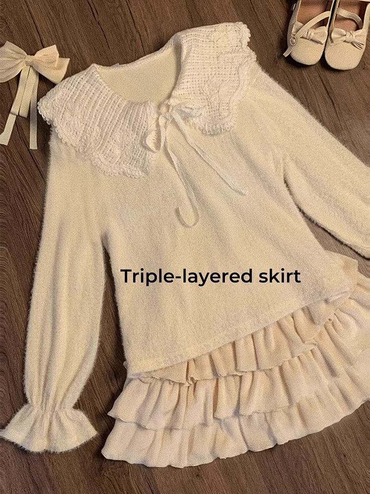 Pull jaune à col rond et plat + cardigan blanc + jupe doublée à trois épaisseurs