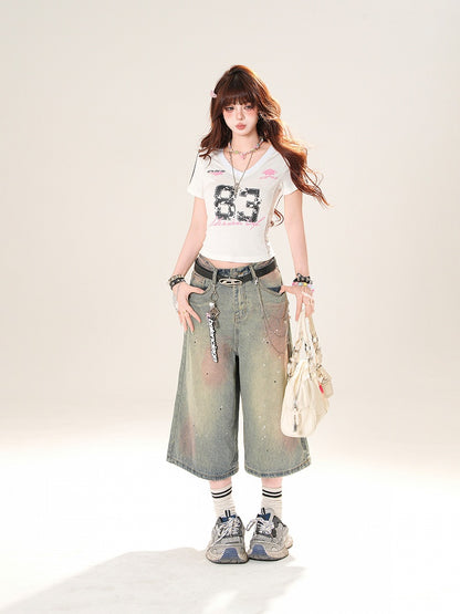 Blue Low Distressed Rise Sequin Details Straight-Leg Jeans