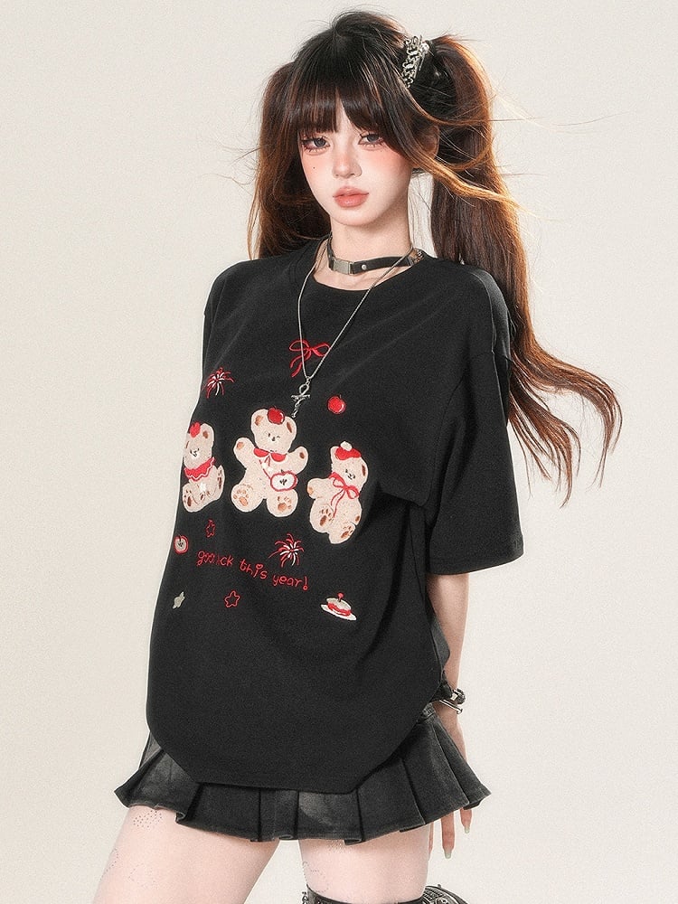 White/Black And Kawaii Daily Applique Bear Embroidery T-shirt Letter Firework