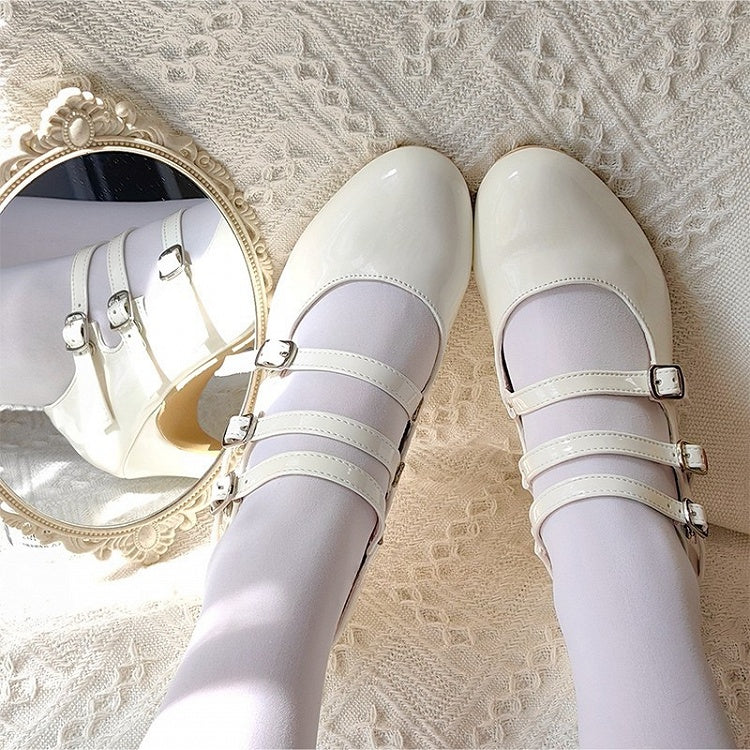 Strap Lolita White Heels Triple with Buckle Elegant Design Polished