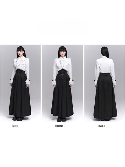 with Waist Accents Metal Ankle-Length Buckle Corset Black Embroidered Skirt Gothic