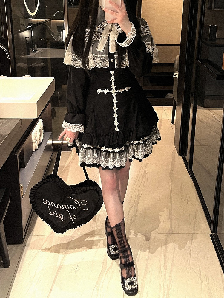 Jirai Kei White&Black/All Black Lace Cape Design Landmine Style Blouse