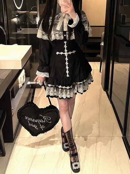 Jirai Kei White&Black/All Black Lace Cape Design Landmine Style Blouse