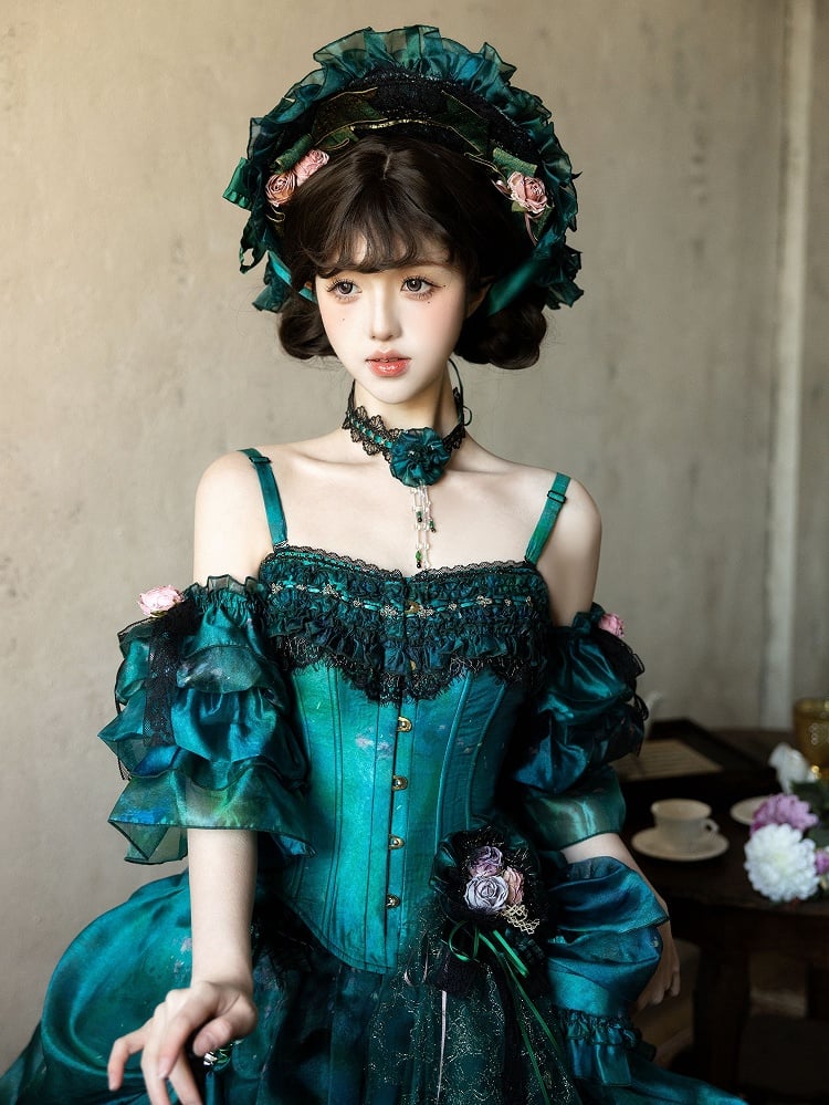 Chapeau Lolita à nœuds verts et fleurs