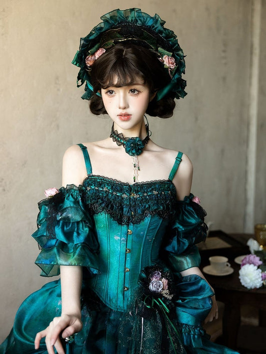 Chapeau Lolita à nœuds verts et fleurs
