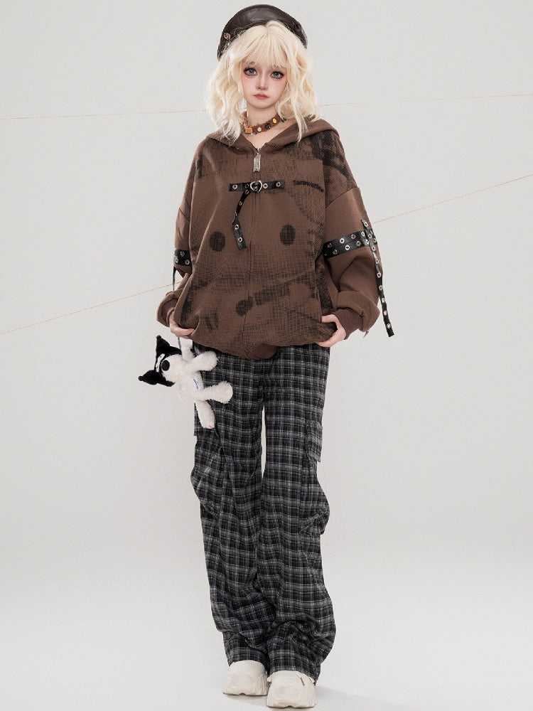 Black Plaid Pattern Cargo Pockets Design Straight-leg Cut Pants