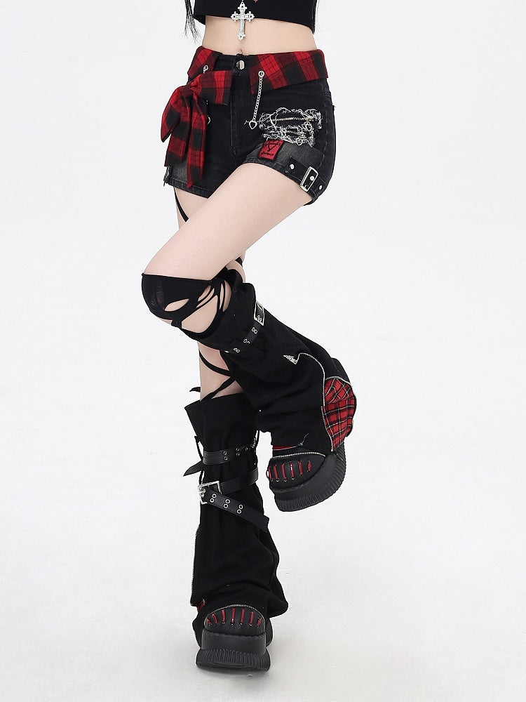 Red Denim Shorts Plaid Bowknot Black Glamorous