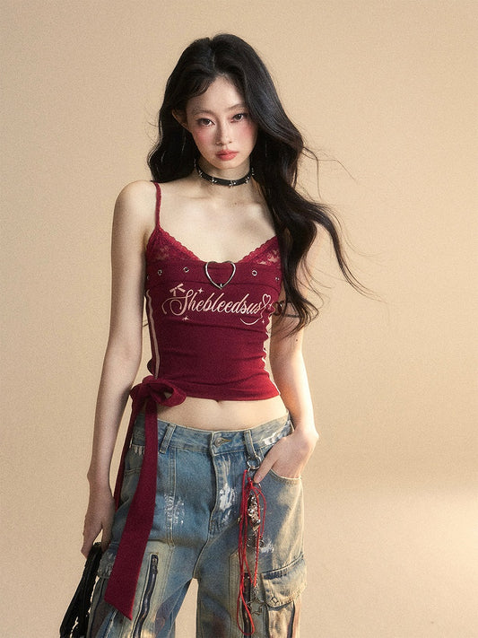 Side Cami Wine Red V-Neck Glamorous Cropped Top with Big Bow at