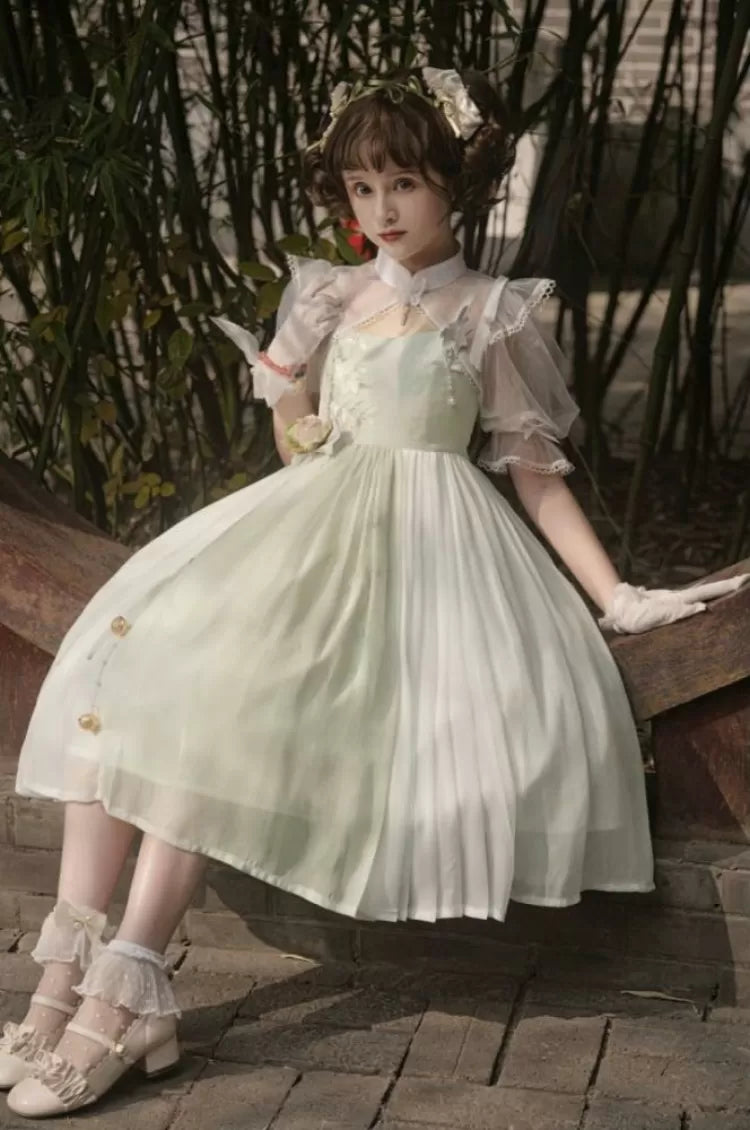 Banded Green Floral Embroidery Top Dress White Collar +