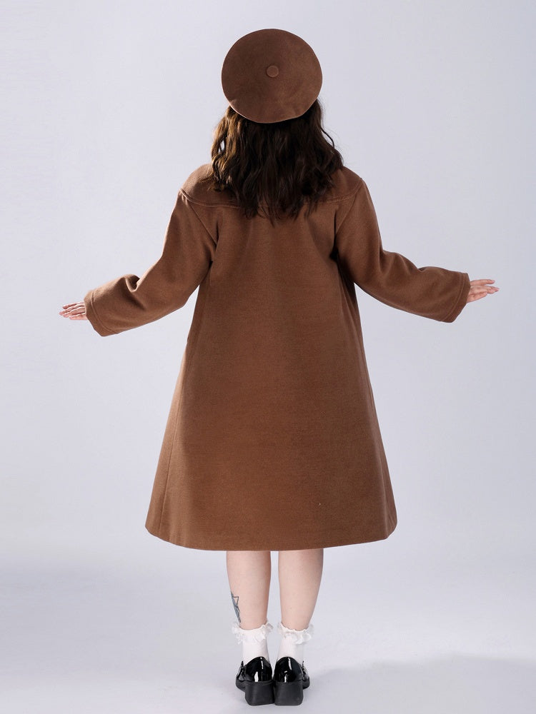 Coffee Delicate Floral Round Flat Collar Woolen Coat