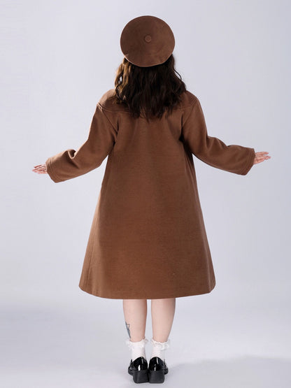 Coffee Delicate Floral Round Flat Collar Woolen Coat