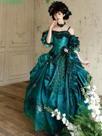 Jupe asymétrique style Lolita fée de la forêt verte, peinture à l'huile, avec pince à cheveux florale
