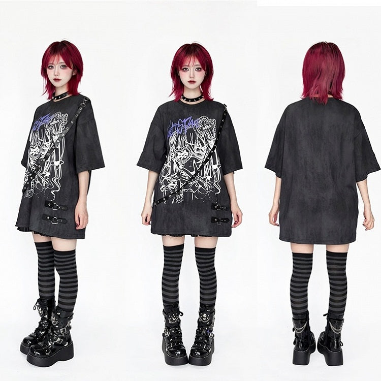 Anime Tie Strap Detachable Dye Decor Black/White T-Shirt with Print Girl Leather