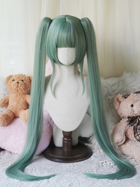 Dusty Green Bob Cut Short Wig With Bangs＋Double Straight Ponytail Claw Clips