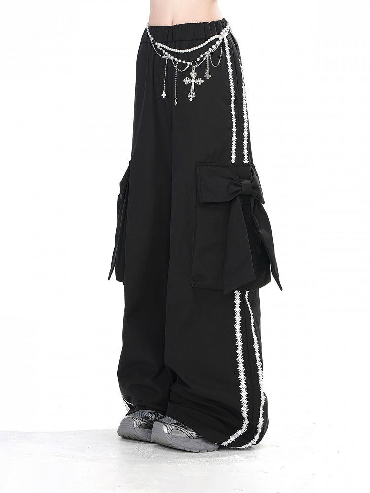 Black Wide-leg Pants with Big Bow Cargo Pockets