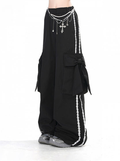Cargo Big Pockets Pants Black Wide-leg with Bow