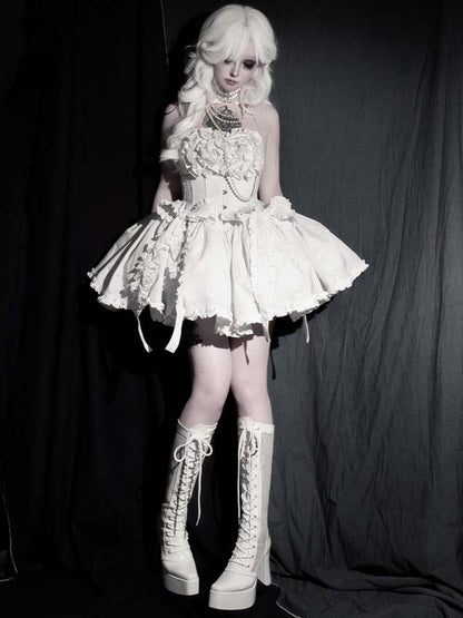 Gothic White Front Lace-up Ties Lace Platform High Block Heel  Knee-high Boots