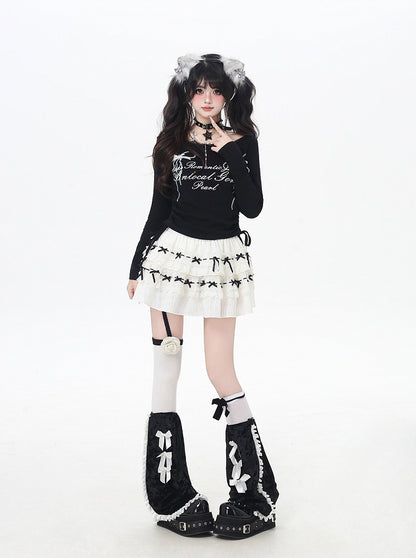 Bowknot Print Lace Sweet Top Trim Drawstring Waist White/Black