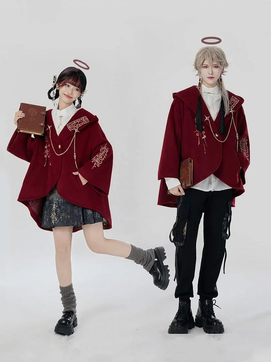Red New Year Outfit Details Unisex Hooded Cape Coat