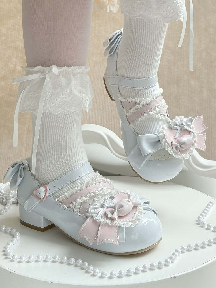 - Low Heels Pink with Clip Style Lolita Sweet A Candy-Decorated Heart Shoe Bow Blue