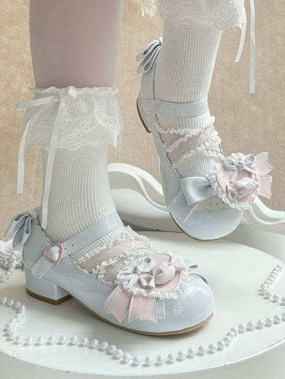 - Low Heels Pink with Clip Style Lolita Sweet A Candy-Decorated Heart Shoe Bow Blue